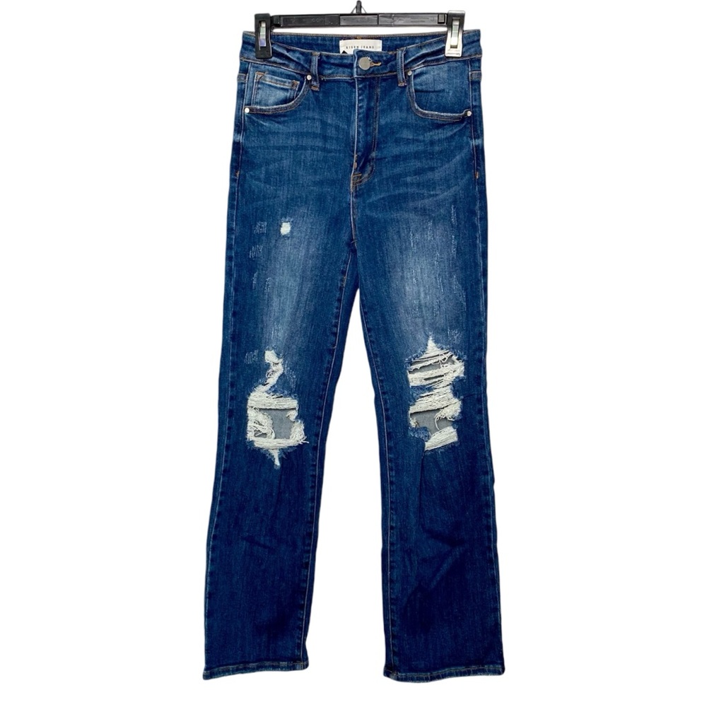 RISEN Distressed Dark Blue Denim Straight Leg High Rise Jeans Style RDP5027
